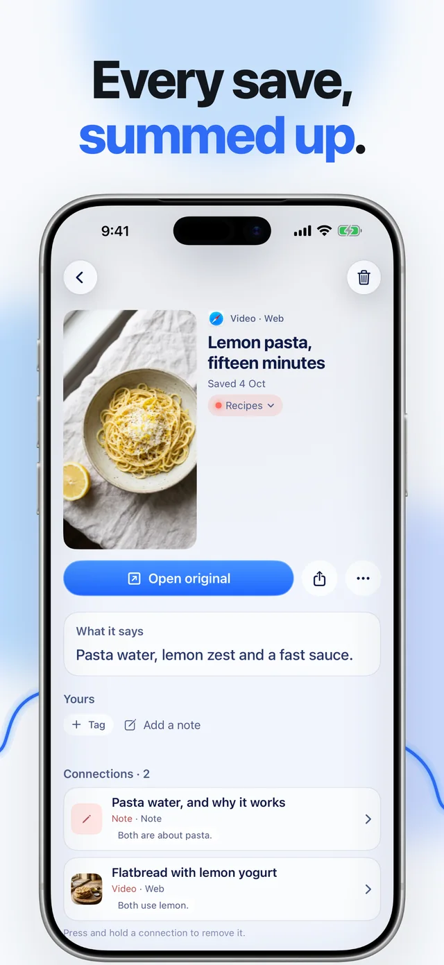 Every save, summed up. A saved lemon pasta video with a line on what it says and two connections.